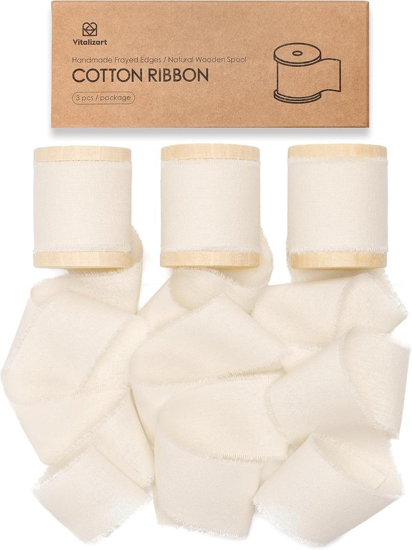 Vitalizart Cream White Ribbon 1-1/2" x 15 Yd 100% Cotton Handmade Frayed Fringe Fabric Ribbons for Gift Wrapping Wedding Invites Bridal Shower Bouquets Christmas Decorations