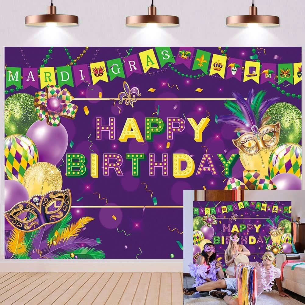 Mardi Gras Birthday Backdrop Purple Green Mask Feather Ballon Birthday Photography Background Women Men Carnival Masquerade Dancing Party Supplies (7x5FT)