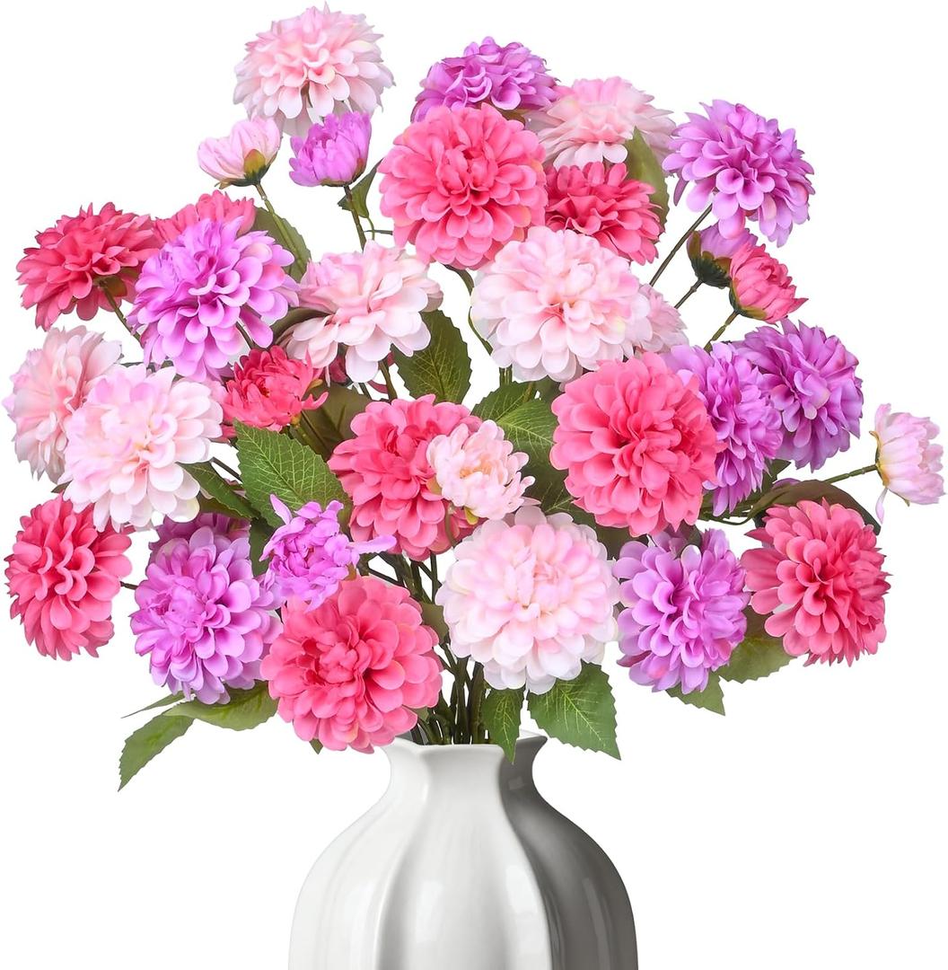 Artificial Flowers for Vase,12 Bunches Fake 27.5 Long Stems Silk Pompon Dahlia For Indoor Outdoors Home Decor, Front Door Porches Yard Patio Garden Planters - [4 Purple + 4 Rose Red + 4 Pink ]