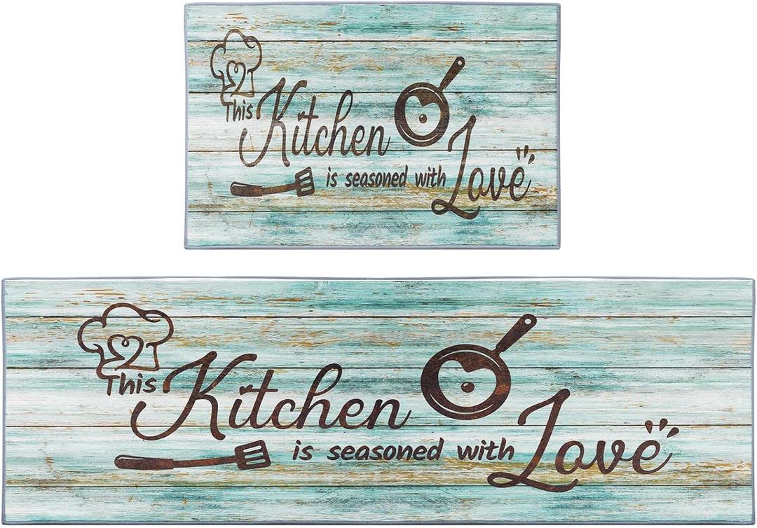 ArtSocket Teal Kitchen Rugs and Mats Non Skid Washable Set of 2, Turquoise Wooden Runner Rug, Farmhouse Quotes Home Kitchen Floor Mat Under Sink Mat Throw Rug for Doormat (Modern 9)