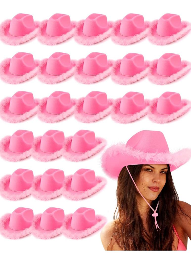 Jecery 24 Pack Pink Cowgirl Hat Bulk Cowboy Hats with Feather Boa for Women Girl Bachelorette Birthday Party Costume