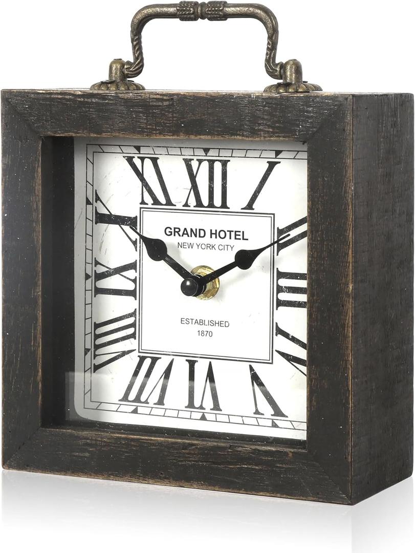 Retro Desk Clock, Vintage Table Mantel Clock, Wooden Table Clock for Living Room, Bedroom, Shelf Decoration, Farmhouse Decor (Black Color)
