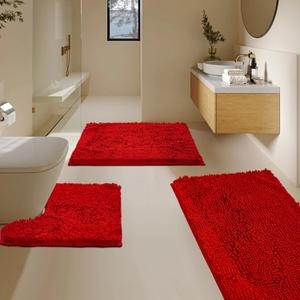 BOANKODU Bathroom Rugs Sets 3 Piece, Super Soft Absorbent Bath mat Set,with UShaped Toilet Rug,Strong PVC Underside Bathroom Rug,Antiskid Bath mats Washable Toilet mat, Red