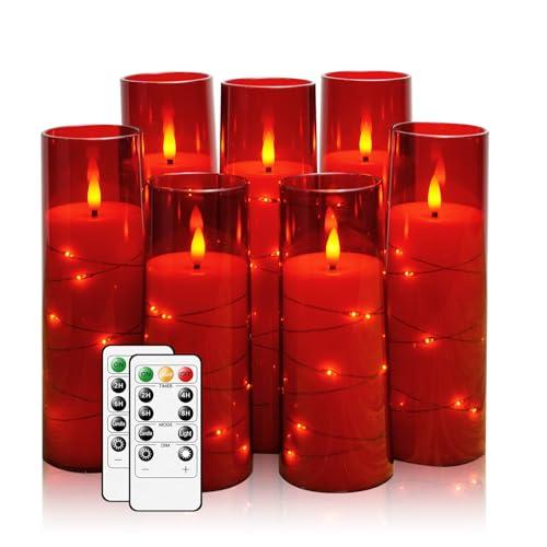 Flameless Candles,with Embedded Star String, Battery Operated Candles Flickering LED Pillar Candles with Remote Control and Timer, Home Decoration Add a Warm and Romantic Atmosphere，Set of 5 (Red)