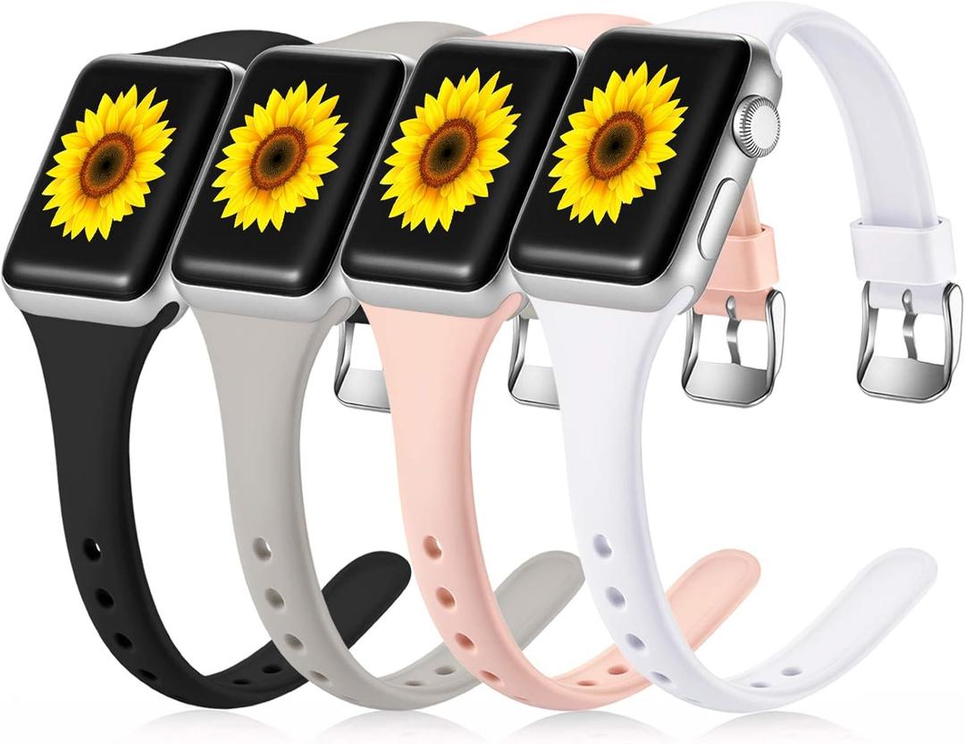Laffav 4 Pack Sport Bands Compatible with Apple Watch 40mm 38mm iWatch SE & Series 6 & Series 5 4 3 2 1 for Women Men, Black/White/Gray/Pink Sand, S/M