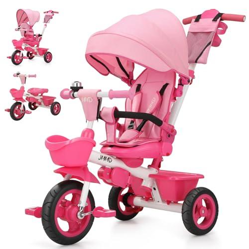 JMMD 7 in 1 Tricycle Stroller with Push Handle, Baby Trike with 360° Swivel Seat, Reclining Backrest, All-Terrain Wheels, Dual Brakes, Canopy & Storage, Gift for Kids 18 Months to 5 Years, Pink