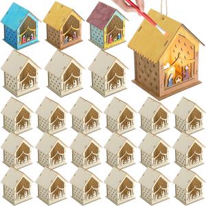 DoubleFill 24 Pcs Christmas Nativity Painting Craft Kits for Kids Nativity House Religious Craft for Kids Make Your Own Jesus House DIY Wooden Christian Christmas Ornaments for Art Sunday School