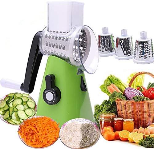 Manual Rotary Potato Grater Kitchen Mandoline Vegetable Slicer with 3 Interchangeable Blades Easy to use (Green)