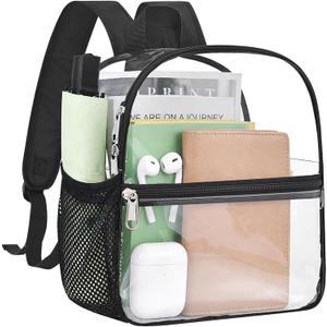 Clear Backpack for Stadium Events - 12x12x6, Mini Small Clear Bag Sports Fan Backpacks with Front Pocket for Concert Sport Events Work Travel(Black)