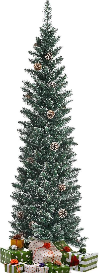 C6 Ft Unlit Pencil Christmas Tree, Slim Artificial Holiday Tree w/ 267 Snowy PVC Branch Tips, 31 Pine Cones, Realistic Hinged Xmas Tree for Home, Office, Party, Holiday
