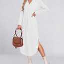 MISFAY Fall Dresses for Women 2026 Casual V Neck Long Sleeve Split Maxi Dress Loose Shirt Dress Solid Outfits with Pockets (White, XXL)