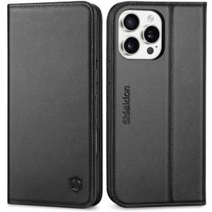 SHIELDON Wallet Case for iPhone 16 Pro Max 6.9", Genuine Leather Flip Cover with [Kickstand] [RFID Blocking Card Holder] [Magnetic] Shock-Absorbent Case Compatible with iPhone 16 Pro Max - Black