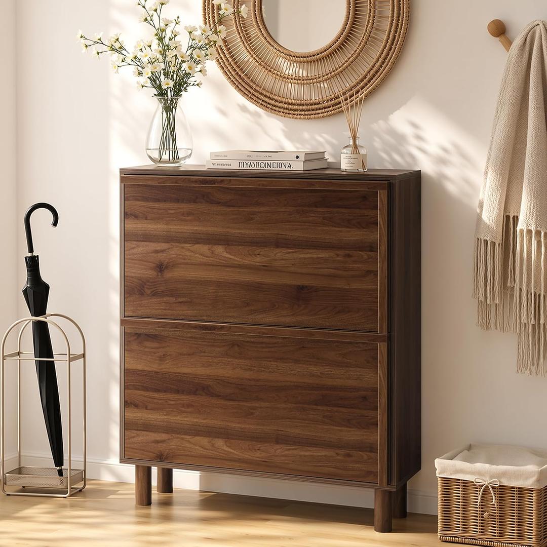 Smart FENDEE Shoe Cabinet with 2 Flip Drawers, 31.5" Narrow Shoe Storage Organizer with Wooden Handle, Slim Shoe Rack for Entryway, Hallway, Small Apartment, Walnut, 31.5 x 37.2 x 9.45 inches