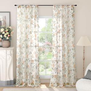 Lajode Floral Sheer Curtains for Living Room Window, Country Patterned Light Filtering Airy Farmhouse Semi Sheer Faux Linen Curtains for Bedroom 84 Inch Length 2 Panels Each 52 Inch Wide, Champagne