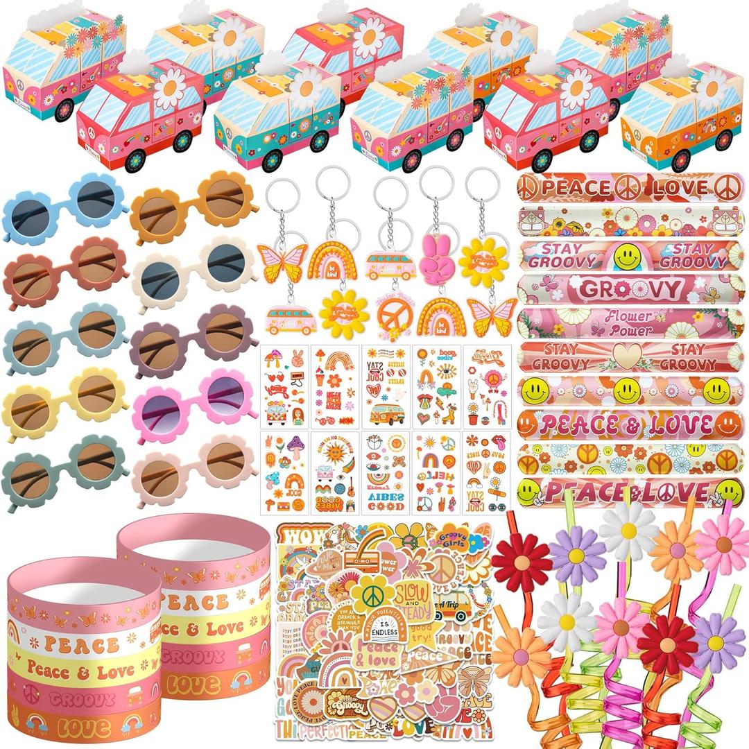 120PCS Groovy Party Favors,Includes Bus Boxes Retro Flower Sunglasses Temporary Tattoos Stickers Slap Bracelets Keychains Plastic Straws Silicone Bracelets For Boho Hippie Birthday Party