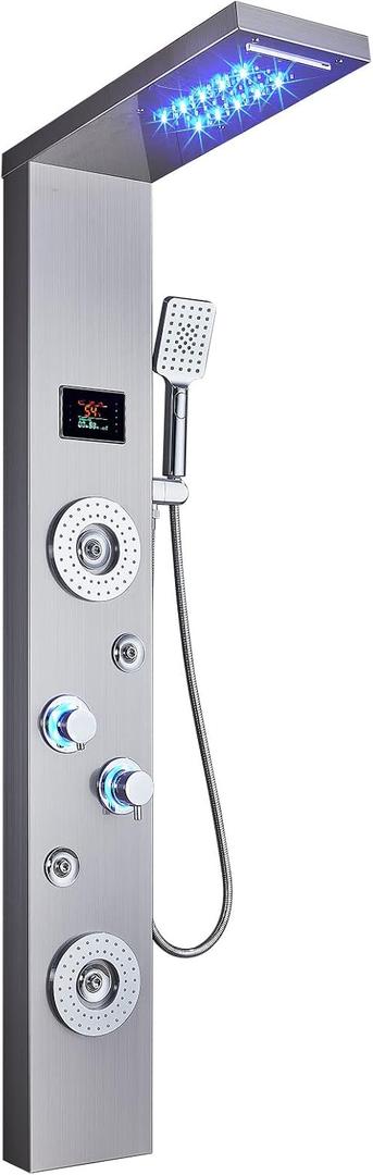ELLO&ALLO LED Rainfall Waterfall Shower Head Rain Massage System with Body Jets Stainless Steel Bathroom Shower Panel Tower System, Brushed Nickel