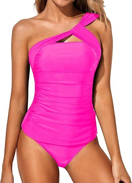 Tempt Me White Blue Stripe Two Piece Tankini Bathing Suits for Women One Shoulder Swim Top with Bottom Swimsuits, Pink, L