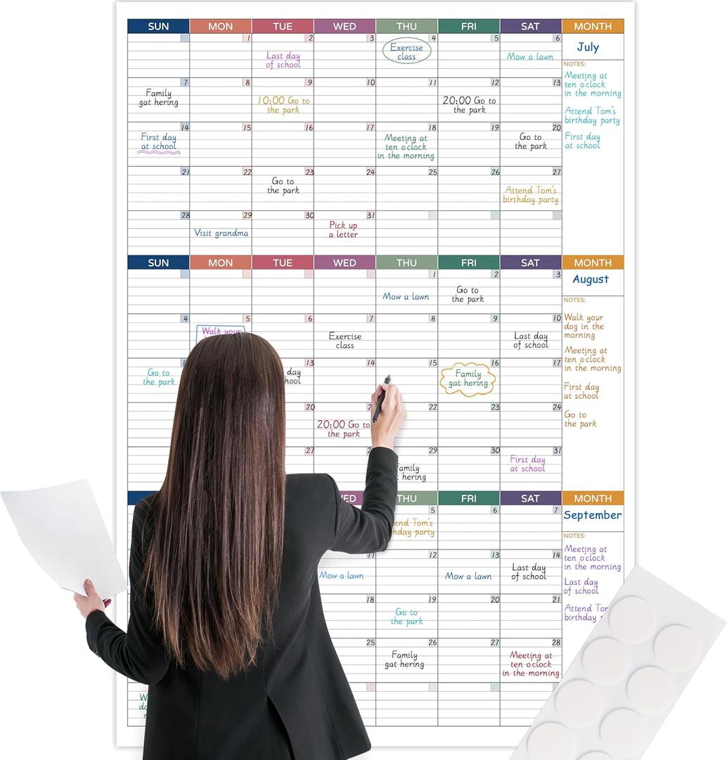 Large Dry Erase Calendar for Wall  Undated 3 Month Calendar, 28" x 40", Yearly Wall Calendar Dry Erase, Large Erasable & Reusable Calendars with 8 Round Stickers (Colorful)