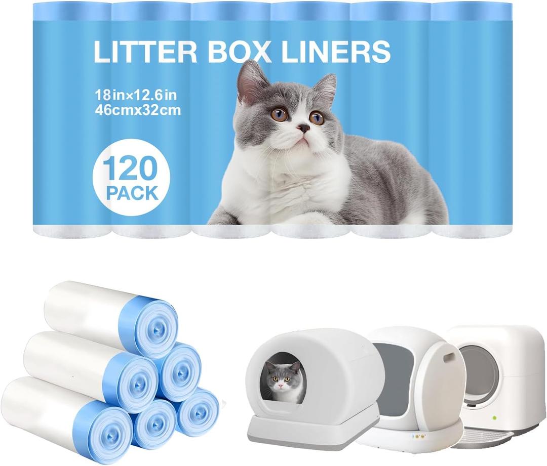 Thicken Cat Litter Bags 120 Pack, cat litter box liners, Leakproof Poop Bags & Waste Bags - Ultimate Odor Control and Leakproof Design,6 Rolls Drawstring Trash Bags for Automatic Litte(18x12.6 inches