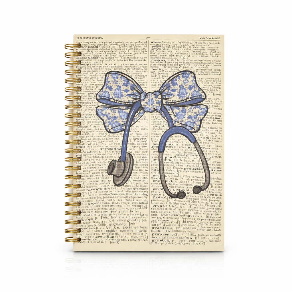 Chinoiserie Blue Bow Nurse Spiral Notebook Journal 5.5x8.3, Nurse Appreciation Gifts, Nursing Medical Office Supplies for Work, Blue Floral Stethoscope Journaling Notebooks