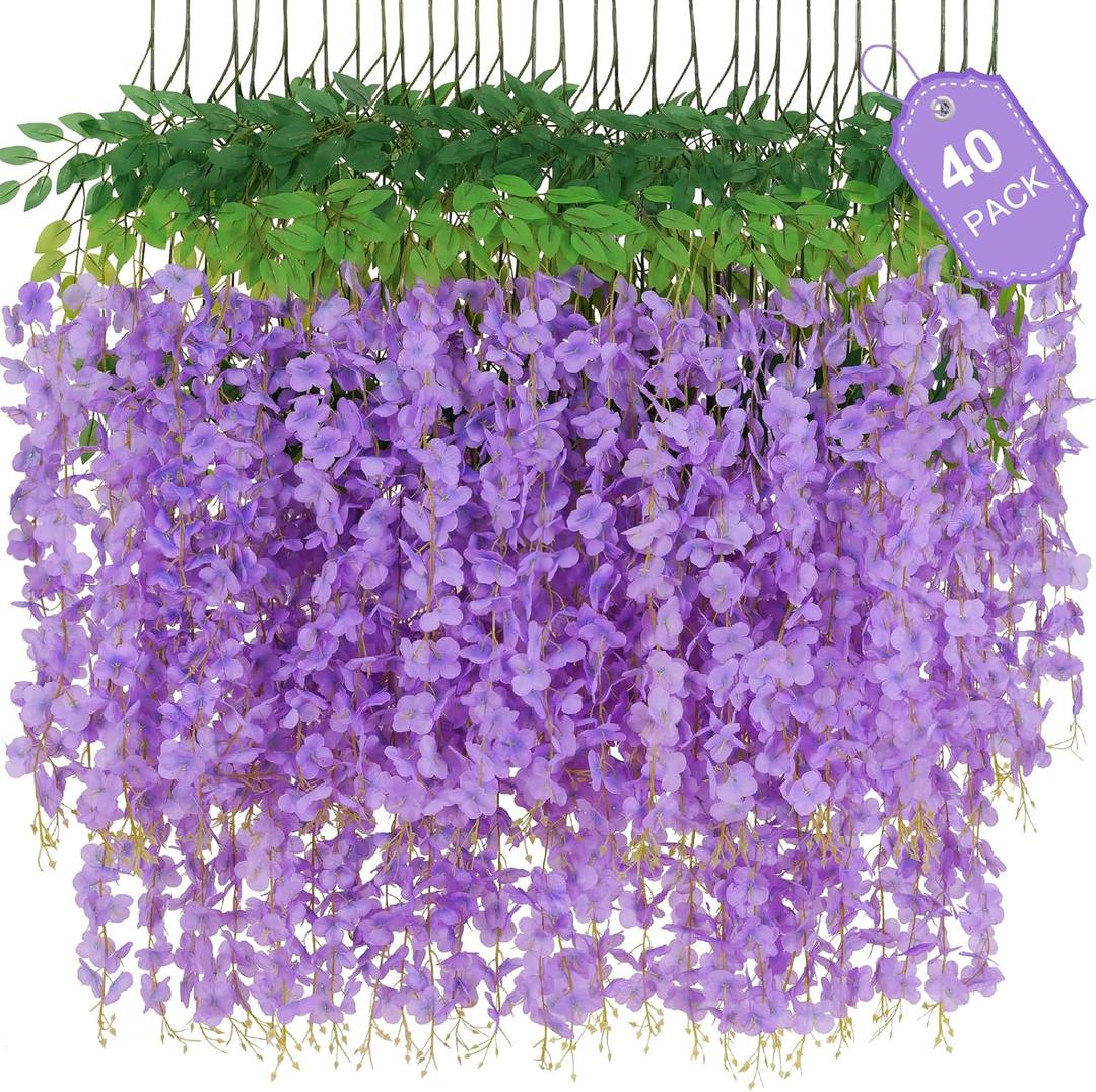 Waipfaru 40 Pack Purple Wisteria Hanging Flowers, Fake Hanging Flowers for Decoration, Artificial Flowers,Vines for Bedroom,Flower Garland for Home,Party,Garden, Wall,Wedding Decoration(3.6 Ft/Pcs)