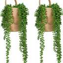 Umigy 2 Pack Wall Hanging Rope Baskets with 4 Pcs Faux Strings of Pearls Plant Jute Hanging Basket with Artificial Succulents for Porch Living Room Bedroom Entryway Patio Outdoor Decoration