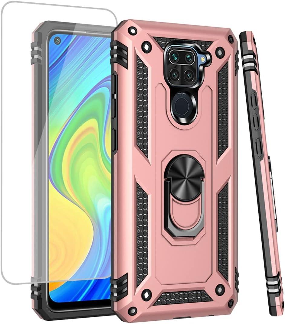 for Redmi Note 9/for Redmi 10X 4G M2003J15SC Case with Tempered Glass Screen Protector, [Military Grade] Magnetic Car Ring Holder Mount Protective Cover Case for Xiaomi Redmi Note 9 (rose gold)