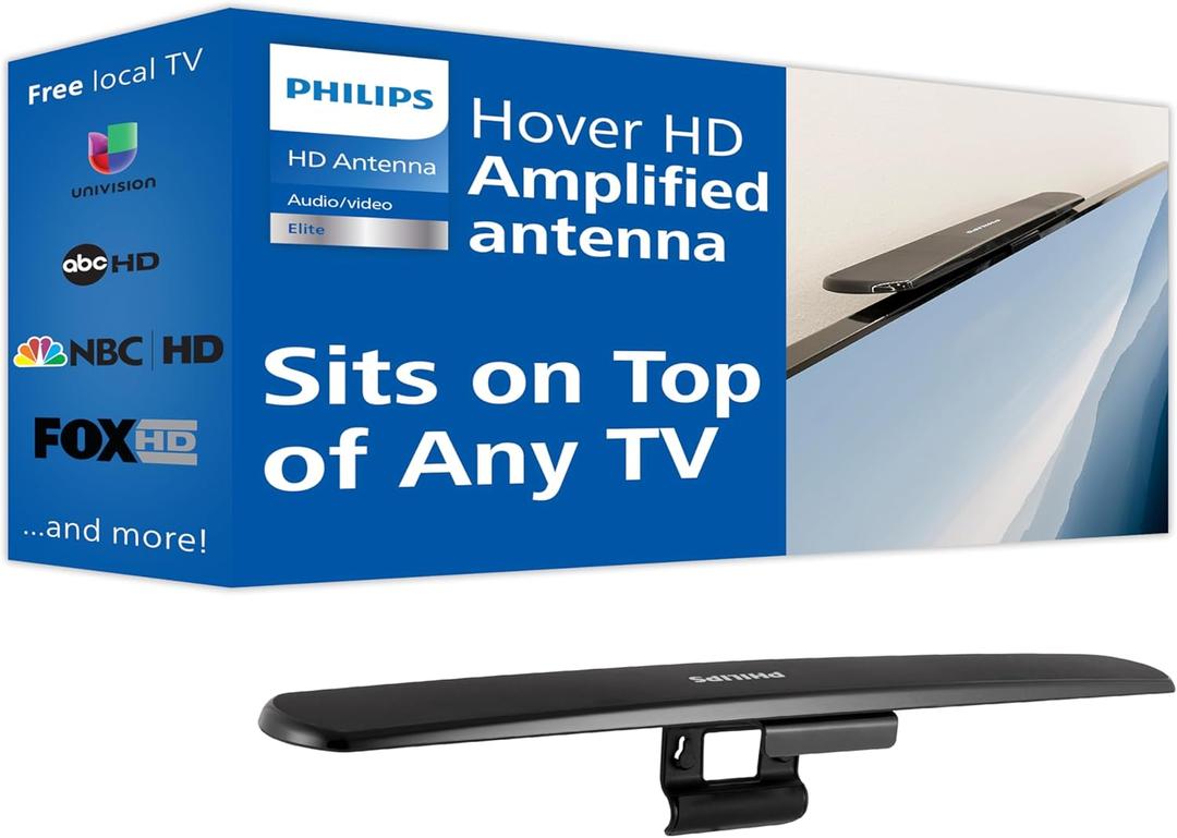 Philips Hover Amplified HD Digital TV Antenna, Long Range Smart TV Antenna, Easy Mount on Top of TV Design, Supports 4K 1080P HD VHF UHF, Signal Booster, Coax HDTV Cable/AC Adapter, SDV7219N/27