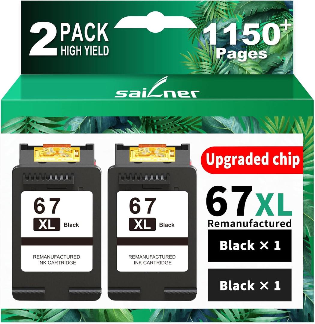 SAILNER 67XL Black High-Yield Ink Cartridge Replacement for HP Ink 67 67XL HP Printer Ink Compatible with DeskJet 2855e Ink Cartridges Deskjet 4155e 2755e 4155 2700 2700e Envy 6055 Printer 67(2 Pack)