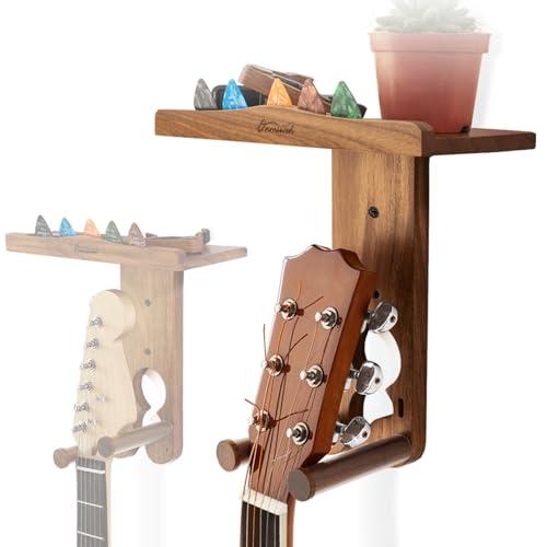 Guitar Wall Mount, Wood Guitar Hanger Wall Mount with 2 Hook Modes, Guitar Wall Hangers Shelf with Pick Holder, Guitar Holder for Acoustic, Electric Guitar, Ukulele, Bass