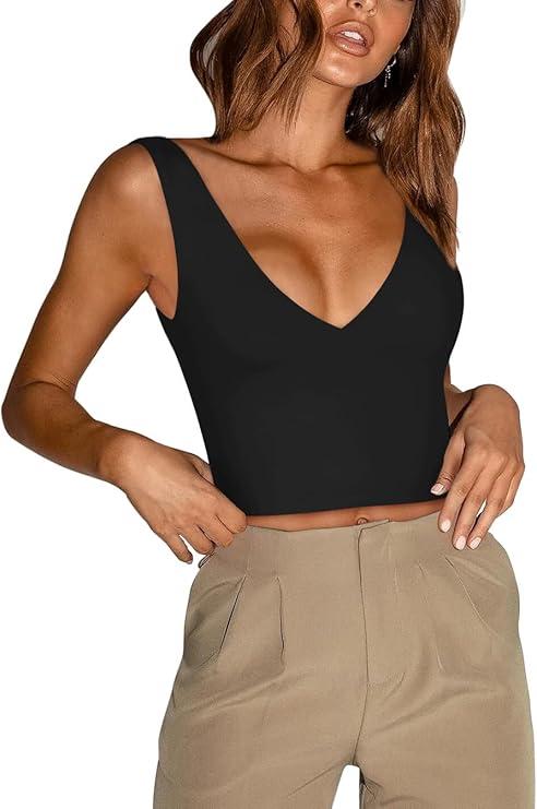 REORIA Butsmooth® Women’s Trendy Sexy Plunge Deep V Neck Sleeveless V Backless Slim Fit Going Out Crop Tank Tops, Size M
