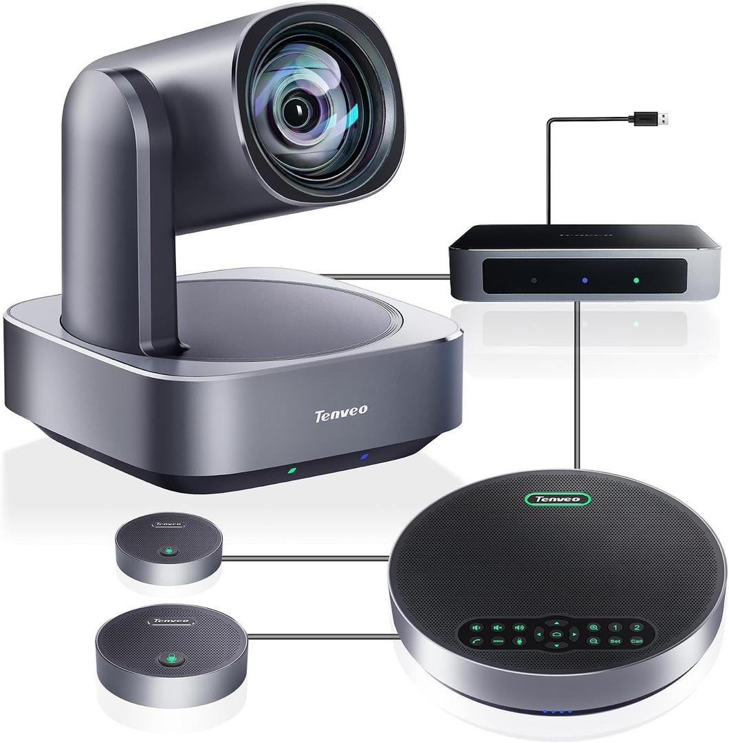 Tenveo 4K PTZ Conference Room Camera System, AI Auto-Tracking 12X Optical Zoom USB3.0 HDMI PTZ Camera and Bluetooth Speakerphone with 2 Expansion Mics Kit Wide Angle for Large Room Meetings