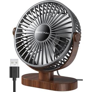 SWEETFULL 6.5 Inch USB Small Desk Fan, 3 Speeds Quiet Portable Desktop Table Fan, 360° Adjustment Personal Mini Fan for Home Office Car Outdoor Travel (Black wood grain)