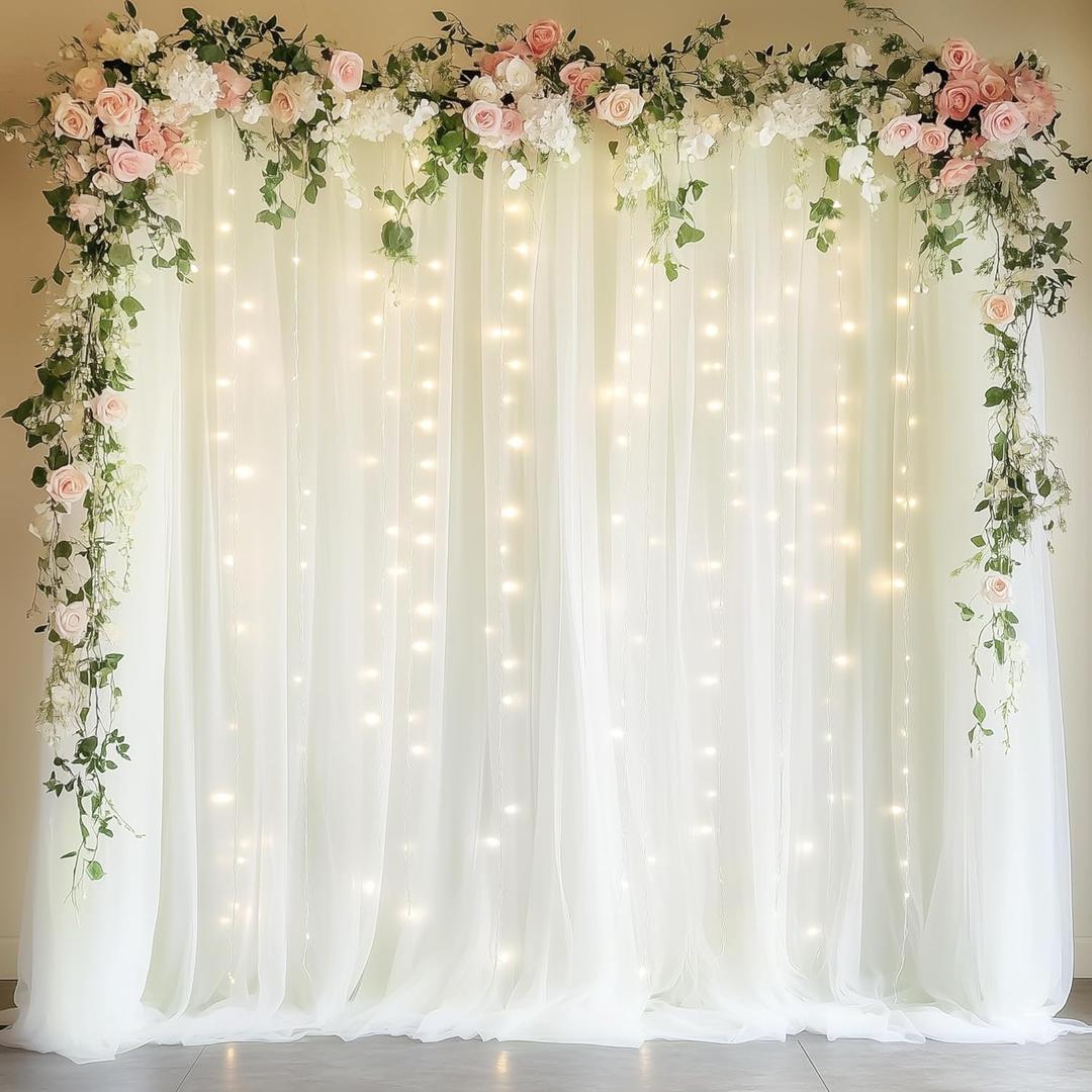 Fomcet Ivory Tulle Backdrop Curtains with Lights String 10FT X 8FT Sheer Curtain with Lights Tulle Curtains Backdrop for Wedding Birthday Party Baby Shower Photo Shoot (2 Panels 5x8FT)