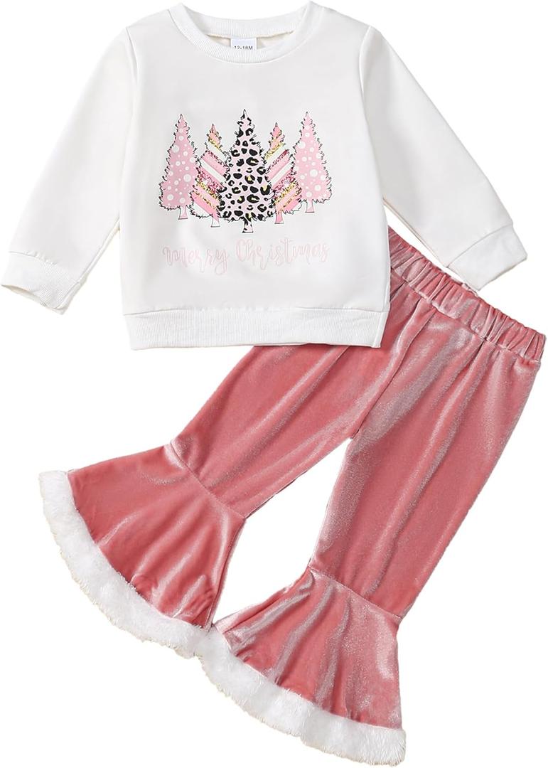 Toddler Girl Christmas Outfit Santa/Christmas Tree Sweatshirt+Velvet Bell-Bottoms Clothes (4-5T, Pink)