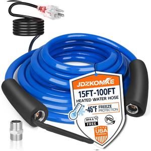 JDZKOMKE 15FT Heated RV Water Hose - Freeze Protection Down to -45F, Heavy-Duty PVC & Brass Fittings, 1/2" ID Lead-Free Hose for Camping/Poultry Farms