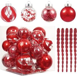XmasExp 32ct Christmas Ball Ornaments Set -Red Clear Plastic Shatterproof Xmas Tree Ball Decorations Hanging Baubles for Holiday Decor (Various Size)