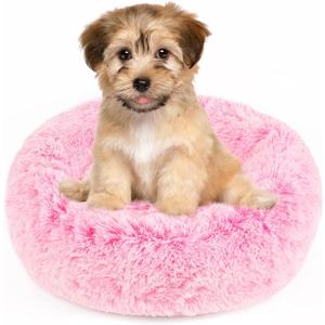 NOYAL Calming Donut Dog Bed for Small to Medium Dogs & Cats - Plush Faux Fur Anti-Anxiety Pet Bed with Machine Washable Cover & Non-Slip Base (Gradient Pink)
