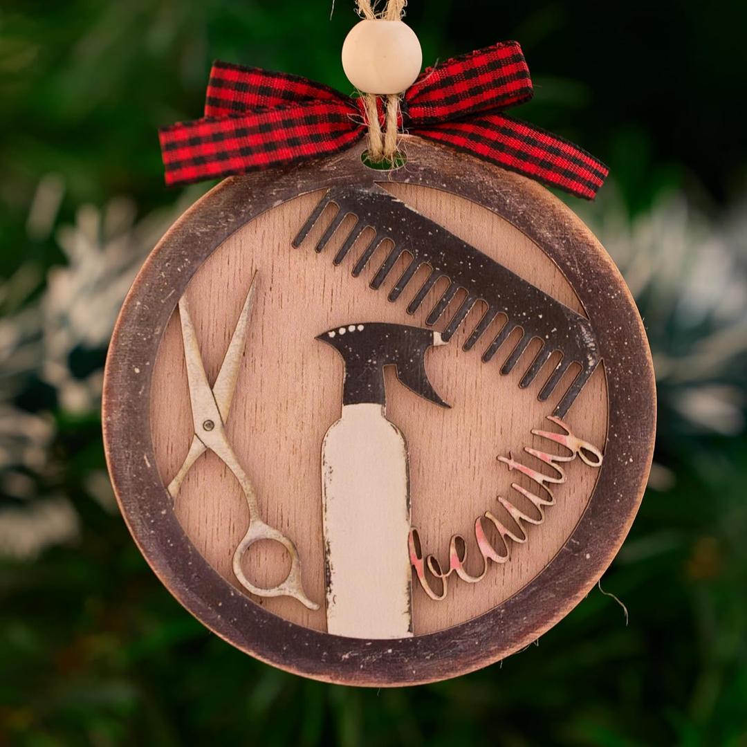 Hairdresser Beauty Ornament  Wooden Salon Scissors & Comb Christmas Decoration, Hairstylist Gift for Tree, Barber & Cosmetology Holiday Ornament O143