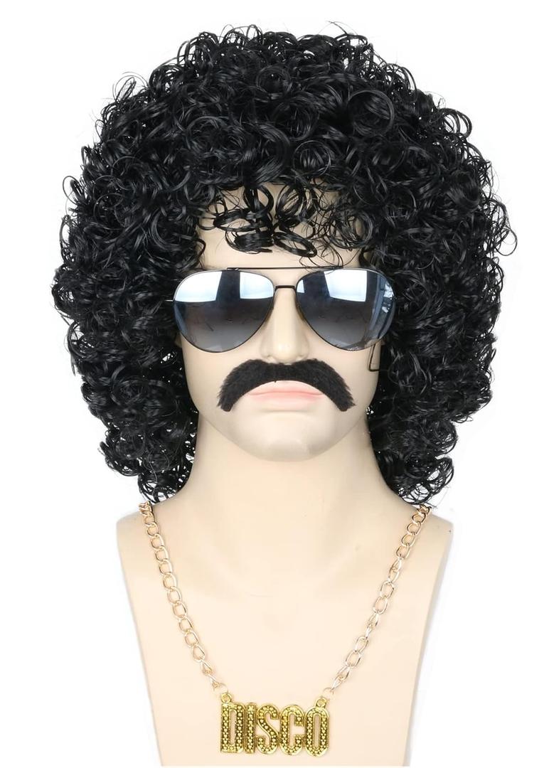 Topcosplay Black Afro Jerry Curl Wig for Men or Women 5pcs Set 70s 80s Disco Hippies Wig Rock Party Outfit Short Curly Wigs Halloween Costume Accessories