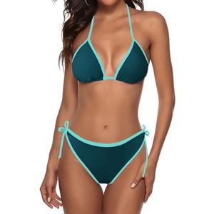 Zonsaoja Women String Bikini Halter Side Tie Two Piece Swimsuit Color Block Triangle Bathing Suits L
