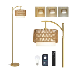 Gold Floor Lamps for Living Room with Remote & Dimmable LED Bulb, Modern Arc Floor Lamp with 3 Color Temperatures, Boho Standing Lamp with Rattan & Fabric Shades, Adjustable Tall Lamp for Bedroom