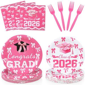 Yungyan 96 Pcs End of Year Graduation Party Plates and Napkins Pink Class of 2026 Grad Party Supplies Disposable Dessert Paper Plates Cocktail Napkins for Graduation Parties Decorations, Serve 24