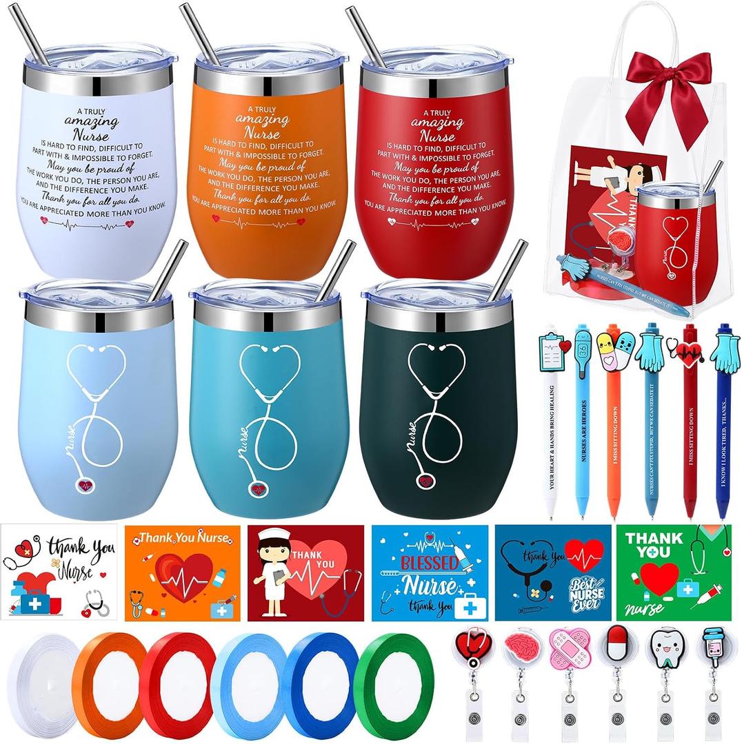 Pickmesh 2026 Nurse Grad Gift Rn Graduation Bulk, Nurse Appreciation Gifts for Women Men 12 oz Insulated Wine Tumbler with Badge Reel Card Pen Bag for Nursing Student Class(Multicolor-6 Sets,36 Pcs)