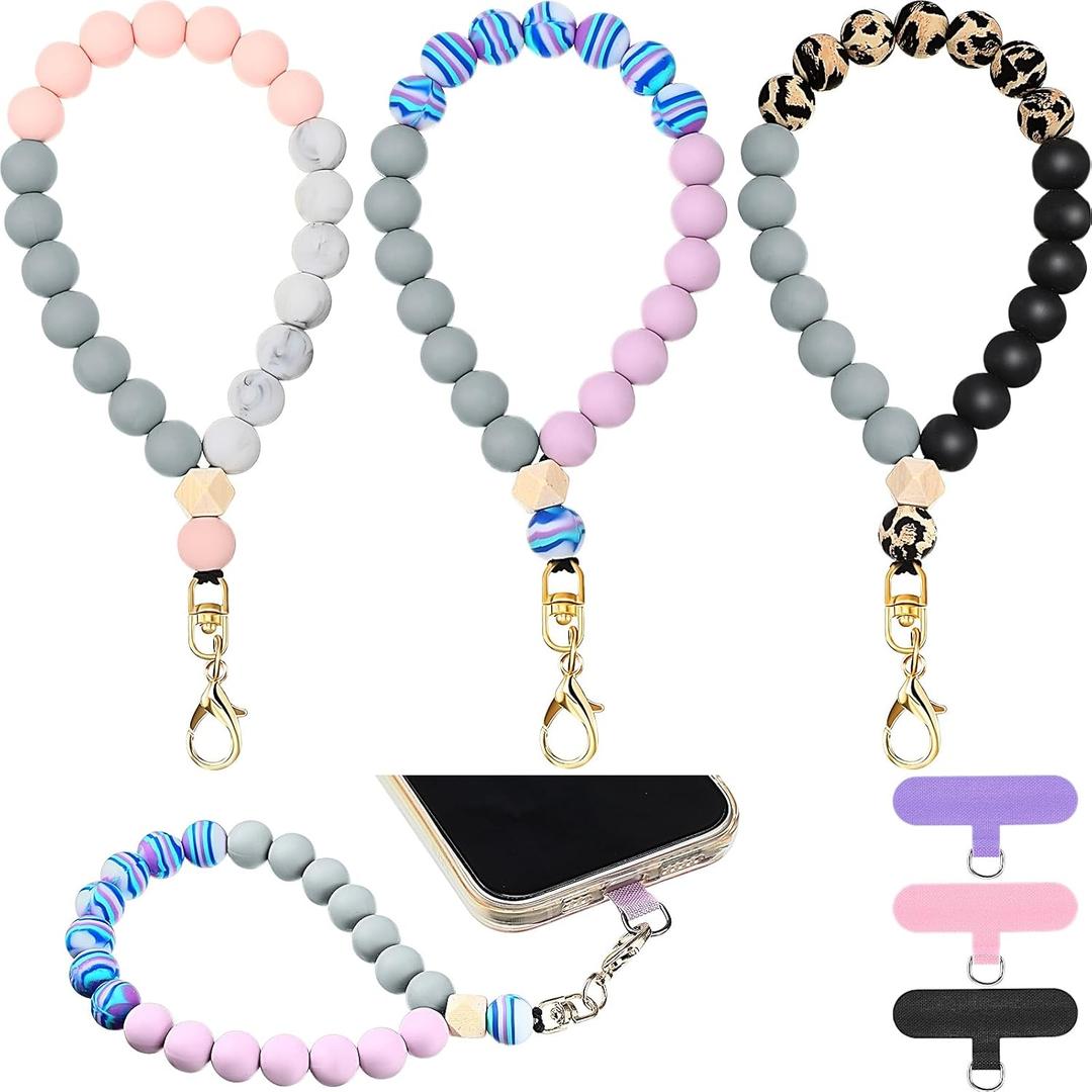 Landical 3 Pack Silicone Beaded Phone Wrist Strap Keychain Bracelet Cute Car Key Chain Hand Free Chain Bracelet for Women(Light Color)