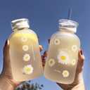 480ml Milk Juice Cute Water Bottle with Scale 2 Lids Little daisy Matte Portable Transparent Water Cup Glass Bottles Creative Handy Cup (1Pcs Six Flowers)