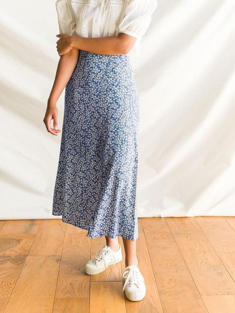 Women's Casual Skirts High Waisted Pleated A Line Swing Skirts Vintage Floral Skirts, Medium
