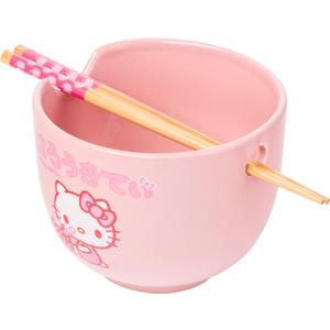 Silver Buffalo Sanrio Hello Kitty Strawberry Milk Japanese Character Ceramic Ramen Noodle Rice Bowl with Chopsticks, Microwave Safe, Pink, 20 Ounces