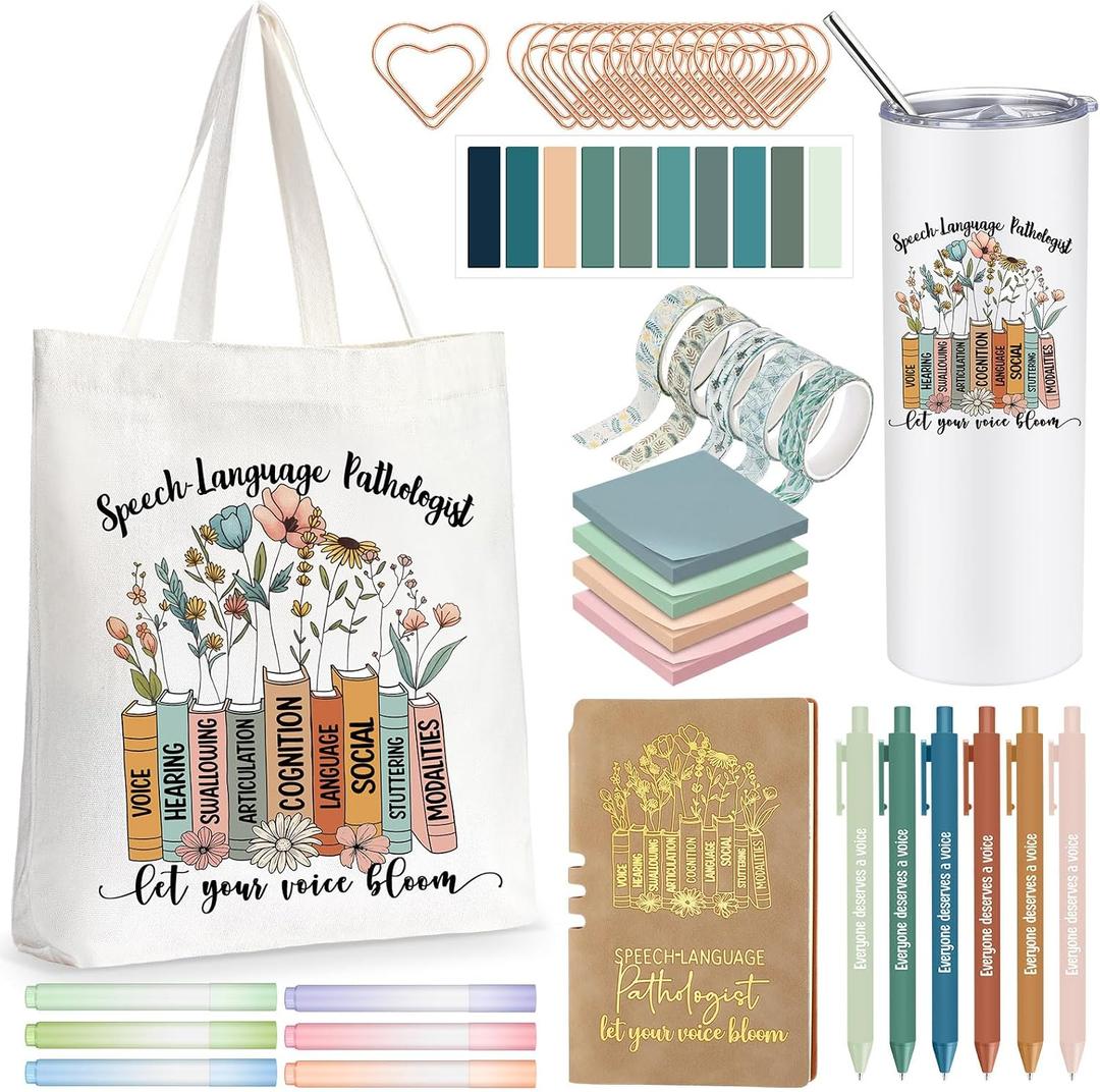 Geiserailie 35 Pcs Speech Therapist Gifts for Women SLP Gift Speech Therapy Appreciation Set Thank You Language Pathologist Must Haves 20oz Tumbler Tote Bag Notebook Pen Sticky Note Paper Clip