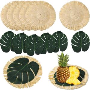 12pcs Luau Placemats and Palm Placemat, Round Luau Fringe Place Mats Tropical Palm Leaf Place Mats Bulk Summer Hawaiian Plate Chargers Table Placemats Tropical Party Supplies